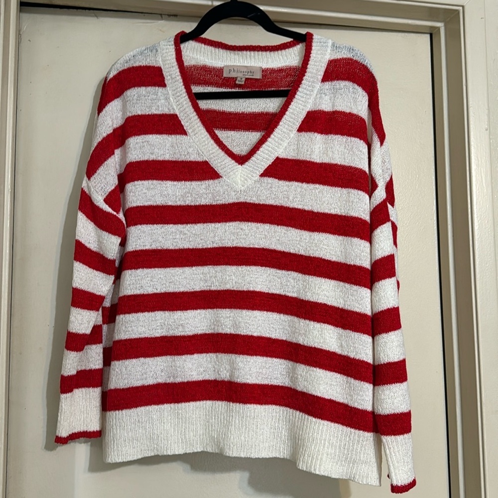 Philosophy Striped V-Neck Knit Long Sleeve Pullover